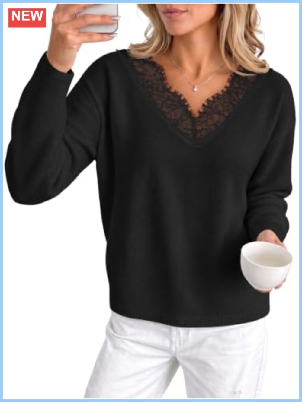 Womens Lace V Neck Sweater Loose Fit Knit Fall Pullover